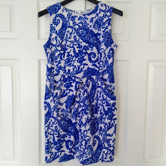 Blue White Tribal Porcelain Print Dress Pockets - Picture 6 of 9